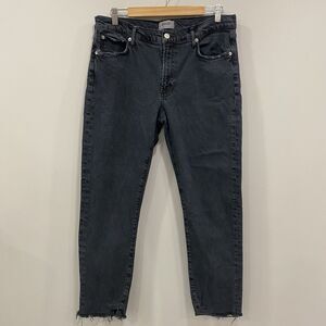 AGOLDE 30 Toni Mid Rise Straight Leg Jeans Feral Washed Black Raw Hem Distressed